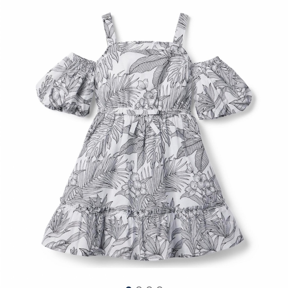 Janie and Jack Palm Leaf Print Print Dress, Black and White, Off the Shoulder